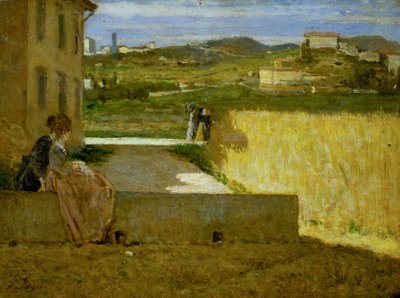 A la sombra de la villa, c.1872-73 (óleo sobre tabla) de Silvestro Lega