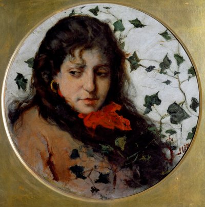 Hiedra Retrato de una joven, con expresión melancólica, rostro rodeado de hojas de hiedra - Pintura de Silvestro Lega (1826-1895) Génova, Galleria d