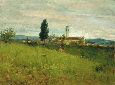 Pequeña iglesia en el campo, c.1877 (óleo sobre tabla) de Silvestro Lega