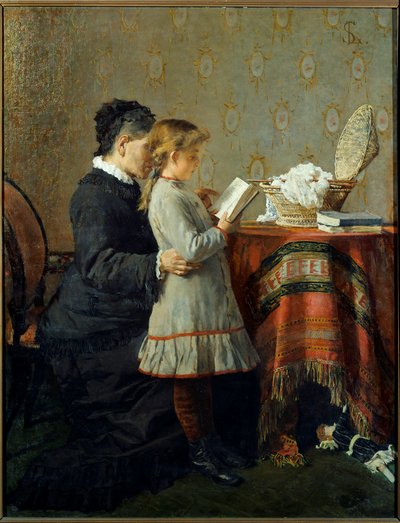 Lección de lectura. Una enfermera enseña a leer a una niña. Pintura de Silvestro Lega (1826-1895) de Silvestro Lega