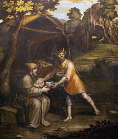 El diablo se lleva los libros sagrados y los sustituye por libros profanos; pintura de Simao Rodrigues (1560-1629); (El diablo se lleva los libros sagrados y los sustituye por libros profanos; pintura de Simao Rodrigues de Simao Rodrigues