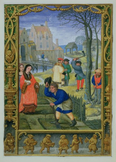 Add 24098 f.20v March: Jardinería y tala de árboles, de un Libro de Horas, o el Libro de Golf, c.1520-30 (vitela) de Simon (workshop of) Bening