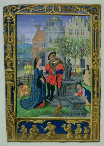 Add 24098 f.21v April: Courting, from a Book of Hours, or the Golf Book, c.1520-30 (pergamino) de Simon (workshop of) Bening