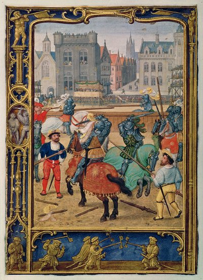 Añadir 24098 f.23v Junio: Justas y un juego con caballos de juguete, de un Libro de Horas, o el Libro de Golf, c.1520-30 (vitela) de Simon (workshop of) Bening