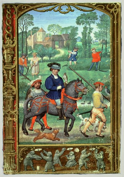 Añadir 24098 f.24v Julio: Cetrería, henificación y caza de mariposas, de un Libro de Horas, o el Libro de Golf, c.1520-30 (vitela) de Simon (workshop of) Bening
