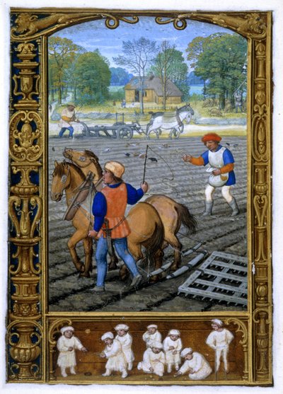 Agregar. 24098, f.26v Septiembre: Arar y sembrar, de un Libro de horas, o el Libro de golf, c.1520-30 (vitela) de Simon (workshop of) Bening