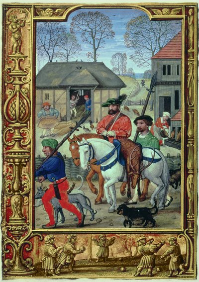 Añadir 24098 f.28v Noviembre: Regreso de la caza, de un Libro de Horas, o el Libro de Golf, c.1520-30 (vitela) de Simon (workshop of) Bening