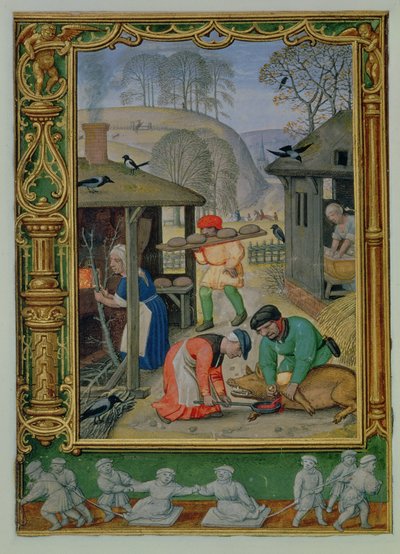 Añadir 24098 f.29v Diciembre: Preparando la comida para el invierno, haciendo pan y matando un cerdo, de un Libro de Horas, o el Libro de Golf, c.1520-30 (vitela) de Simon (workshop of) Bening