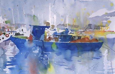 Barco azul La spezia, Italia, 2002 (acuarela) de Simon Fletcher