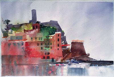 Fernazza, Ocho barcos, 2002 (acuarela sobre papel) de Simon Fletcher