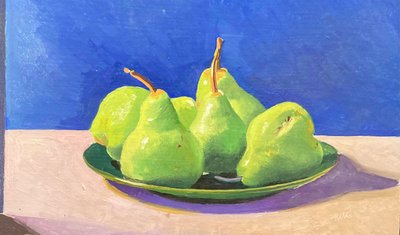 Cinco peras verdes (óleo sobre tabla) de Simon Fletcher