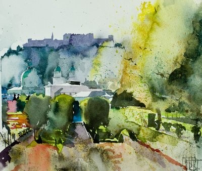 Salzburgo desde los jardines Mirabell, 2008 (acuarela) de Simon Fletcher
