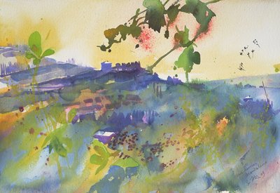 Tres casas Montalcino, Italia, 2003 (acuarela) de Simon Fletcher