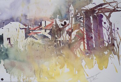 Pueblo invernal y pastos, Francia, 2008 (acuarela) de Simon Fletcher