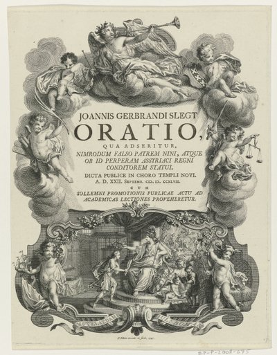 Minerva lauwert een jongeman conoció a bul Título de la página: J.G. Slegt, Oración en la que se afirma que Nimrod fue falsamente el padre de Nina (...), 1747 de Simon Fokke