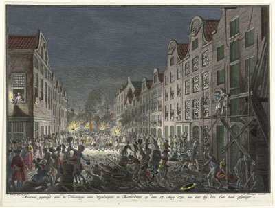 Saqueo de la casa del comerciante de vinos Gerrit Hagedooren en Rotterdam, 1751
Sedición cometida en el Huizinge eens Wynkoopers te Rotterdam el 17 de agosto de 1751, después de haber prestado juramento (título en el objeto) de Simon Fokke