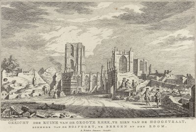 Ruina de la Gran Iglesia de Bergen op Zoom, 1748 Vista de las ruinas de Groote Kerk, vistas desde Hoogstraat, viniendo desde Bospoort, en Bergen op den Zoom (título sobre el objeto) Diez caras de las ruinas tras el asedio y destrucción de Bergen op Z de Simon Fokke