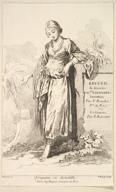 Afriquaine en deshabillé, de Recueil de diverses figures étrangères Inventées, siglo XVIII de Simon Francois Ravenet