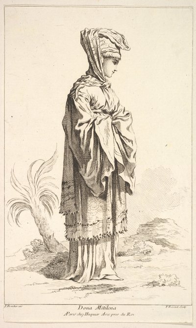 Doña Mitilena, del Recueil de diverses figures extranjeras Inventadas por F. Bouche, siglo XVIII de Simon Francois Ravenet