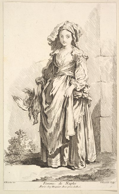 Mujer de Nápoles, del Recueil de diverses figures étrangères Inventadas por F. Bouc de Simon Francois Ravenet