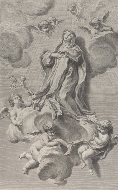 El éxtasis de Santa Catalina de Siena, arrodillada en una nube llevada por ángeles de Simon Francois Ravenet