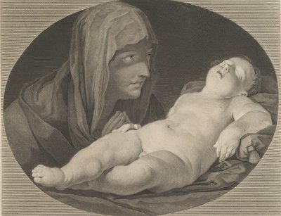 La Virgen en oración, mirando al niño Cristo dormido, en un marco ovalado, después de Reni de Simon Francois Ravenet