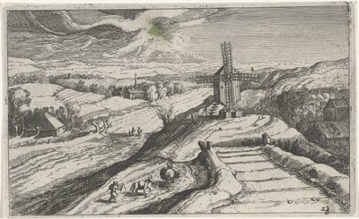 Paisaje montañoso con un molino de viento Diferentes paisajes (título de la serie) Topographia variarum regionum (título de la serie) de Simon Frisius (attributed to)