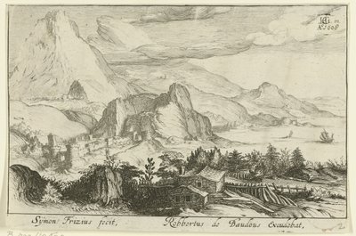paisaje de montaña con edificios Paisajes de montaña (título de la serie) de Simon Frisius