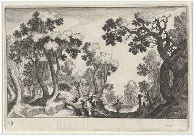 Paisaje boscoso con campesinos de Simon Frisius