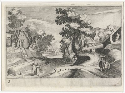 Paisaje montañoso boscoso con edificios y figuras Paisajes del sur de Europa (título de la serie) Topographia variarum regionum (título de la serie) de Simon Frisius