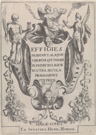Cartouche coloca guirnaldas en forma de figuras de Simon Frisius