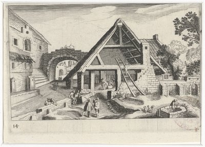 Vista del pueblo con la Sagrada Familia Paisajes del sur de Europa (título de la serie) Topographia variarum regionum (título de la serie) de Simon Frisius