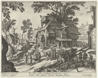 Vista del pueblo con la curación de un cojo Paisajes con escenas de la vida de Cristo (título de serie) de Simon Frisius