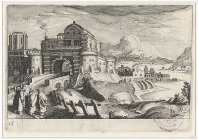 Gente de Emmäus frente a una puerta de la ciudad en un paisaje montañoso Paisajes del sur de Europa (título de la serie) Topographia variarum regionum (título de la serie) de Simon Frisius