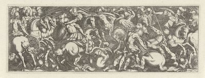 Gevecht tussen cavaleristen en infantrysten Caballería (título de la serie) Faecvnda lo que es la amada de Febo y la agradecida Florentia a los hombres de agudo genio, bastante lo demuestran las pvgnas, enthea por la fuerza de los senos que talló Mercurio  de Simon Frisius