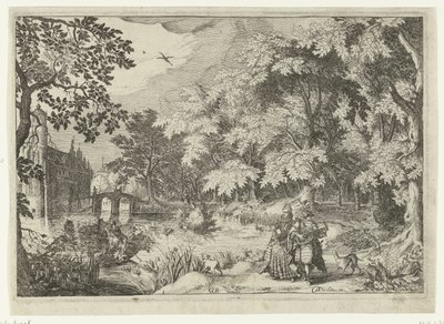 Vista de un bosque con el castillo de Loenersloot Paisajes con figuras (título de serie) de Simon Frisius