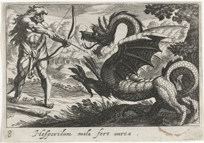 Hércules mata al dragón Ladon Hesperidum mala fert aurea (título sobre objeto) Temas hercúleos (título de la serie) de Simon Frisius