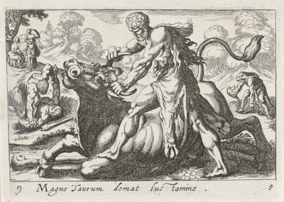 Hércules en batalla con Achelous El gran toro es domesticado por la luz (título sobre objeto) El tema de Hércules (título de la serie) de Simon Frisius