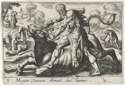 Hércules en batalla con Achelous Doma un gran toro luchando (título sobre objeto) Tema de Herculische (título de la serie) de Simon Frisius