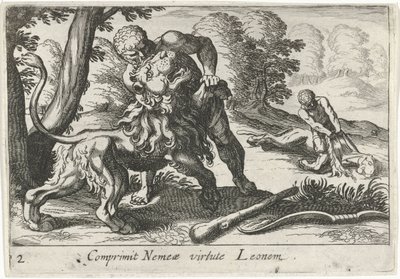 Hércules luchando contra el león de Nemea Comprimit Nemeae virtute Leonem (título sobre el objeto) Temas hercúleos (título de la serie) de Simon Frisius