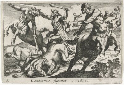 Hércules luchando contra los centauros Centauros superat (título sobre objeto) Temas hercúleos (título de la serie) de Simon Frisius