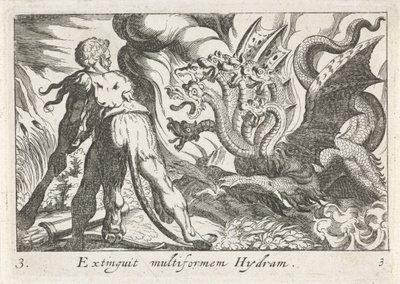 Hércules luchando contra la hidra de Lerna Extinguir Hydram multiforme (título sobre objeto) Temas hercúleos (título de la serie) de Simon Frisius
