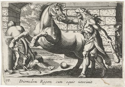 Hércules temt de paarden van Diomedes Rey Diomedes con caballos (título sobre objeto) Tema de Herculische (título de la serie) de Simon Frisius