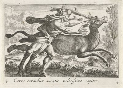 Hércules vangt de Hind van Cerynea Un ciervo con cuernos dorados es capturado muy rápido (título sobre objeto) Tema de Herculische (título de la serie) de Simon Frisius