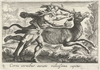 Hércules vangt de Hind van Cerynea Un ciervo con cuernos dorados es capturado muy rápido (título sobre objeto) Tema de Herculische (título de la serie) de Simon Frisius