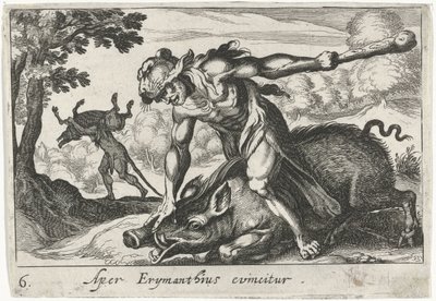 Hércules captura a los cerdos de Erymanthus Aper Erymanthius evincitur (título sobre objeto) Temas hercúleos (título de la serie) de Simon Frisius