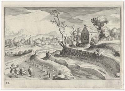 Paisaje montañoso con una capilla Paisajes del sur de Europa (título de la serie) Topographia variarum regionum (título de la serie) de Simon Frisius
