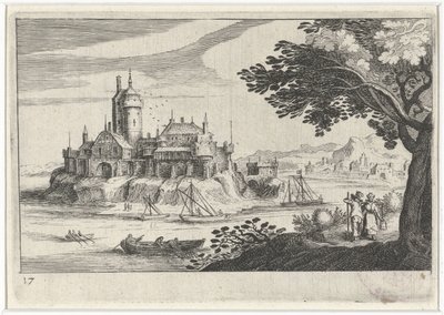 Paisaje montañoso con un castillo en una isla Paisajes del sur de Europa (título de la serie) Topographia variarum regionum (título de la serie) de Simon Frisius