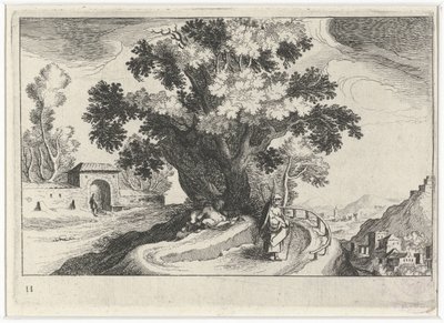 Paisaje montañoso con hacer el amor bajo un árbol. Paisajes del sur de Europa (título de la serie) Topographia variarum regionum (título de la serie) de Simon Frisius