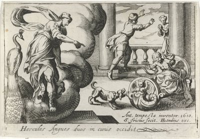Jonge Hércules wurgt twee slangen Hércules mata a dos serpientes en sus cunas (título sobre el objeto) Tema de Herculische (título de la serie) de Simon Frisius